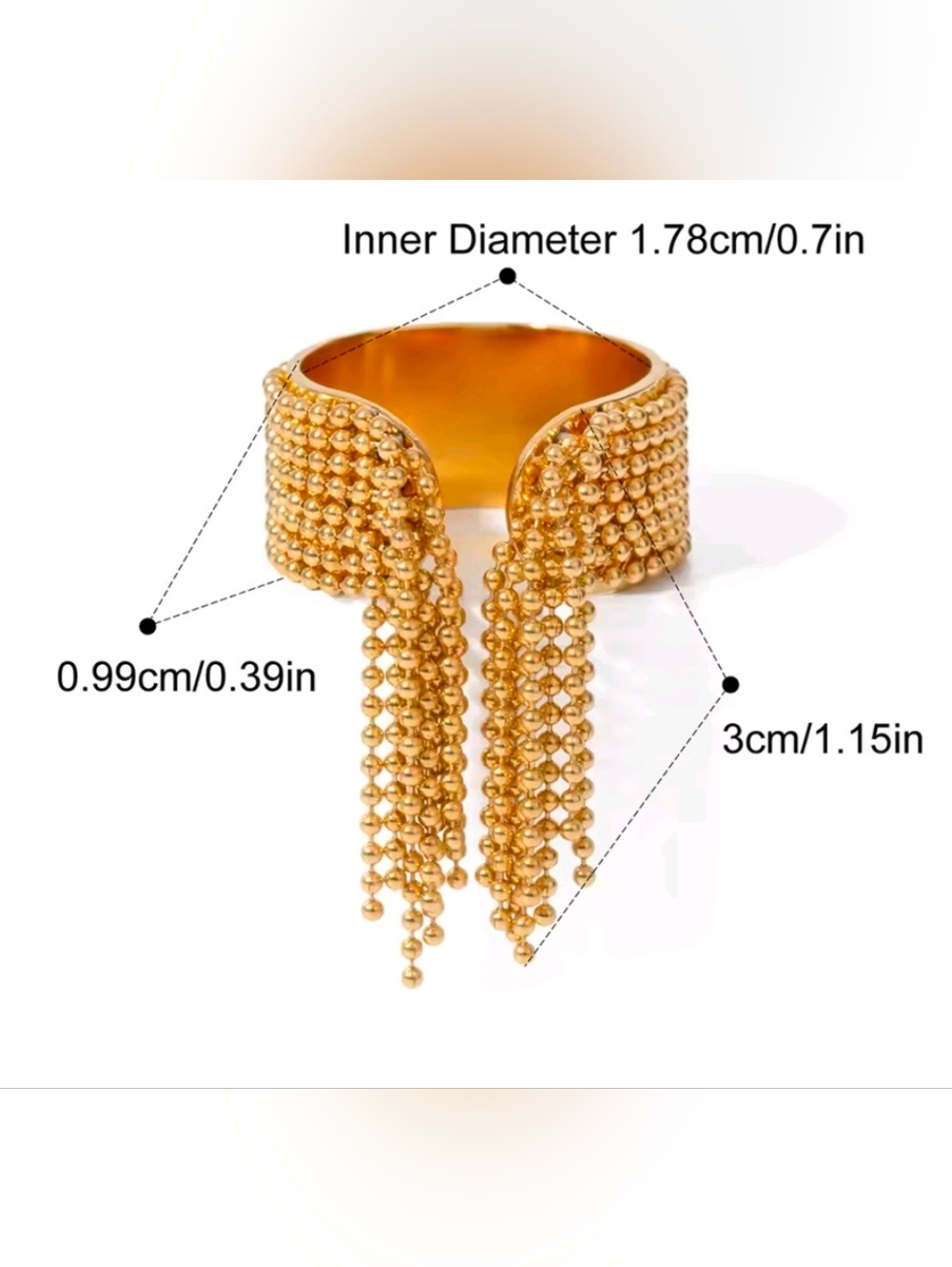 Gold Beaded Tassel Cuff Rings- Women Jewelry - Picture 2 of 8